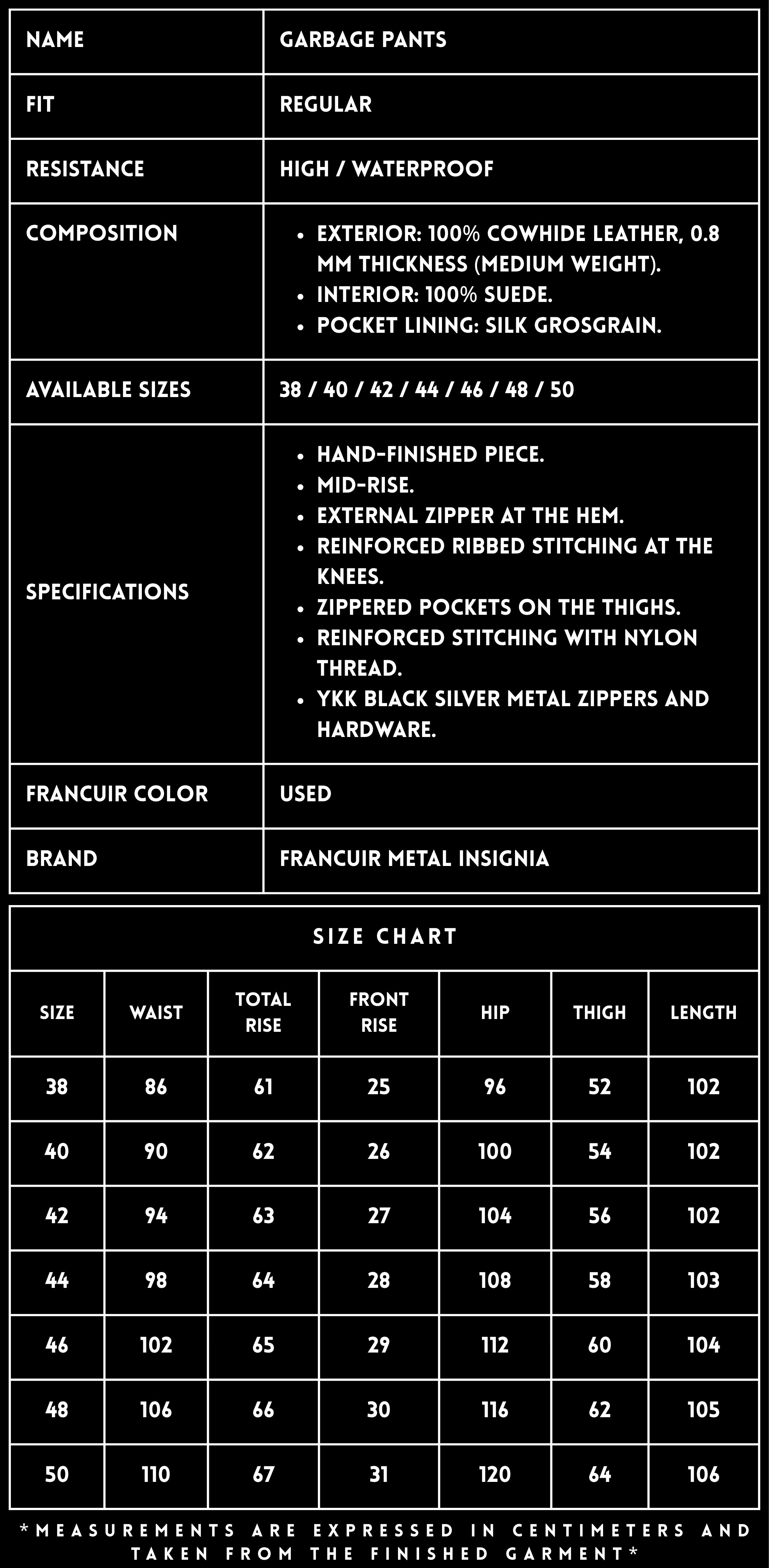 TECHNICAL SPECIFICATIONS &mdash; GARBAGE USED LEATHER PANTS | FRANCUIR